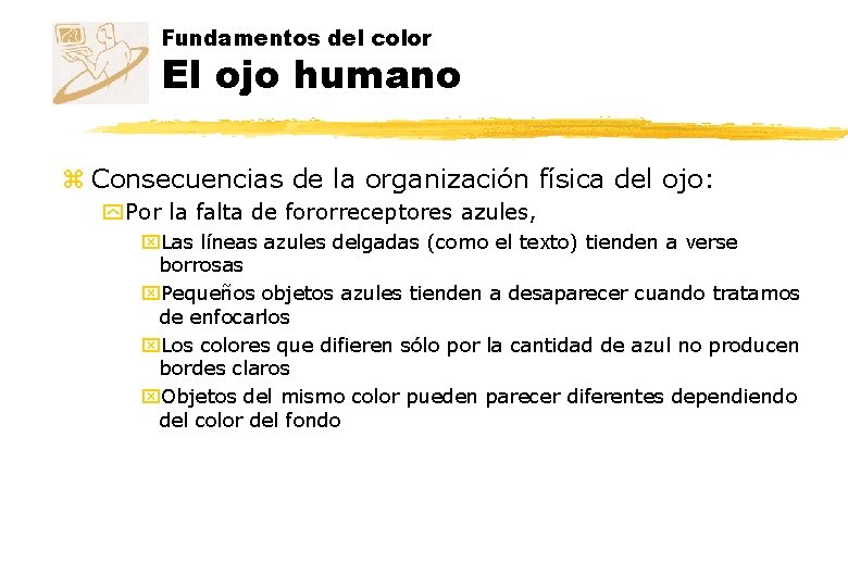 Fundamentos del color El ojo humano z Consecuencias de la organización física del ojo: