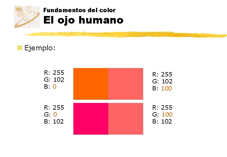 Fundamentos del color El ojo humano z Ejemplo: R: 255 G: 102 B: 0