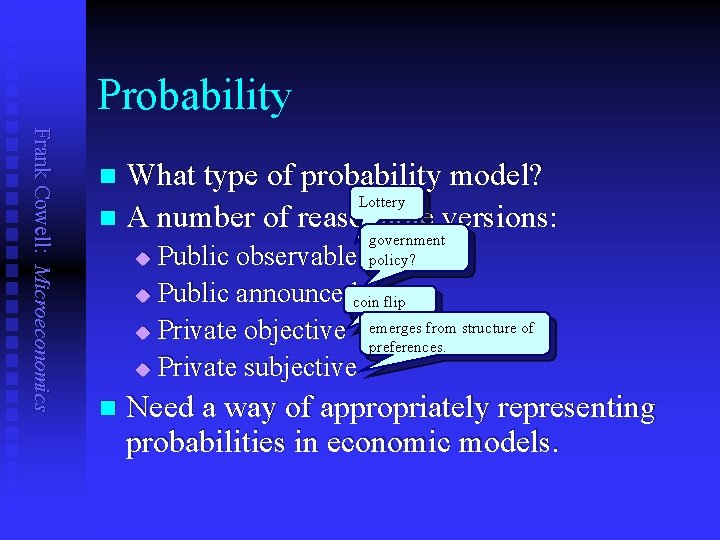 Probability Frank Cowell: Microeconomics What type of probability model? Lottery n A number of