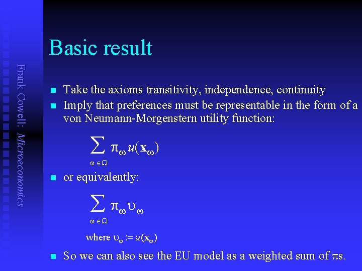 Basic result Frank Cowell: Microeconomics n n Take the axioms transitivity, independence, continuity Imply