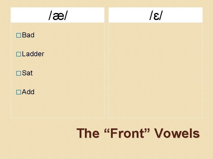 /æ/ /ɛ/ � Bad � Ladder � Sat � Add The “Front” Vowels 