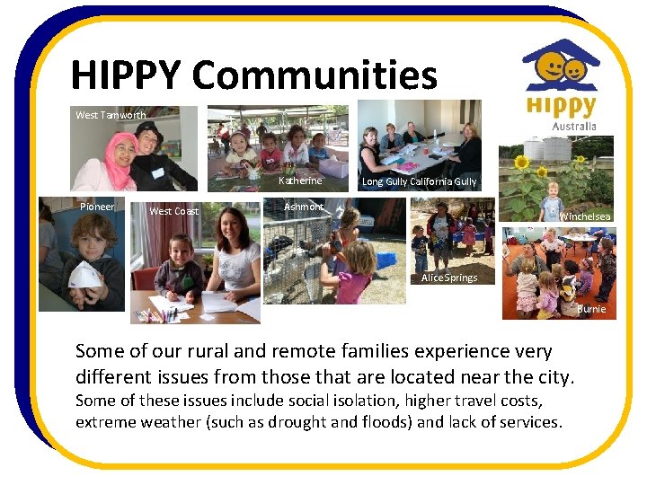 HIPPY Communities West Tamworth Katherine Pioneer West Coast Long Gully California Gully Ashmont Winchelsea