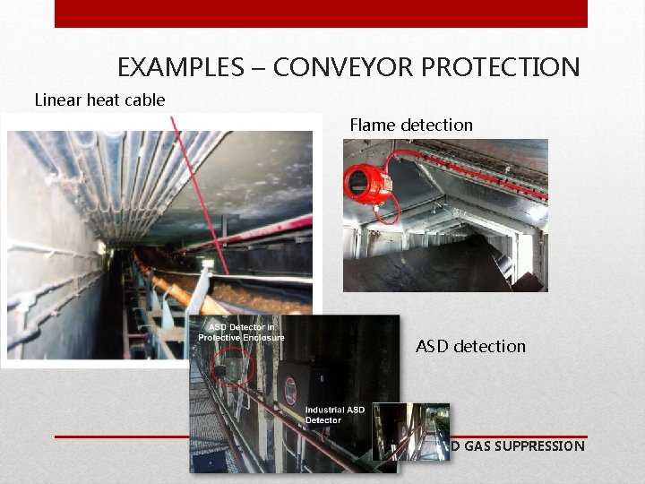 EXAMPLES – CONVEYOR PROTECTION Linear heat cable Flame detection ASD detection FIRE DETECTION AND