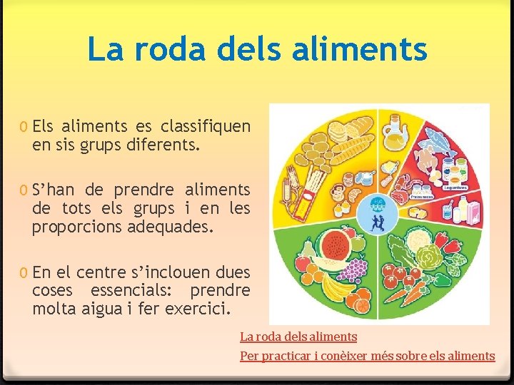 La roda dels aliments 0 Els aliments es classifiquen en sis grups diferents. 0 La roda dels aliments 0 Els aliments es classifiquen en sis grups diferents. 0
