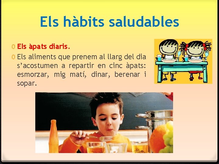 Els hàbits saludables 0 Els àpats diaris. 0 Els aliments que prenem al llarg Els hàbits saludables 0 Els àpats diaris. 0 Els aliments que prenem al llarg