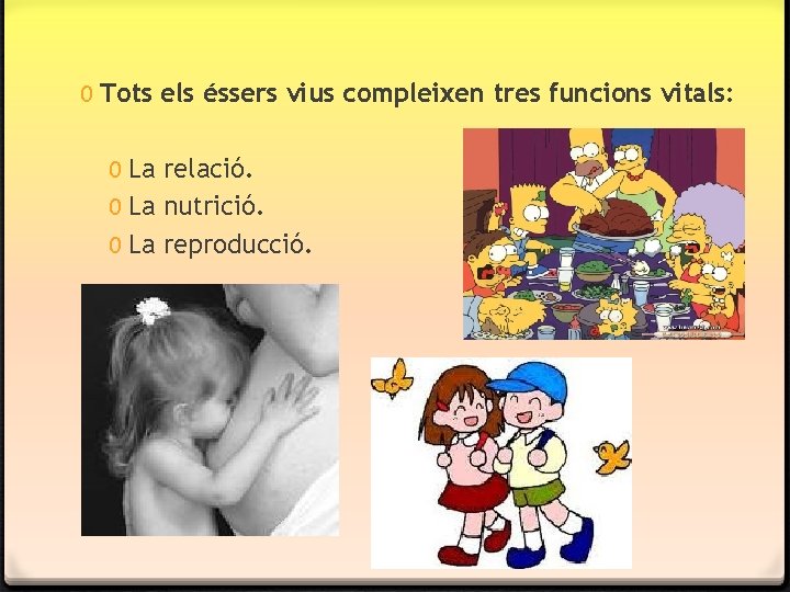 0 Tots els éssers vius compleixen tres funcions vitals: 0 La relació. 0 La 0 Tots els éssers vius compleixen tres funcions vitals: 0 La relació. 0 La