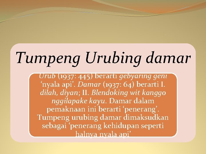 Tumpeng Urubing damar Urub (1937: 445) berarti gebyaring geni ‘nyala api’. Damar (1937: 64)