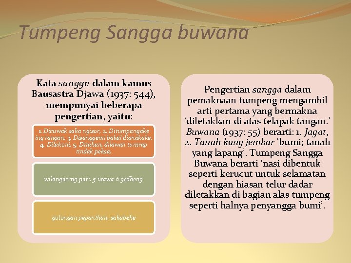 Tumpeng Sangga buwana Kata sangga dalam kamus Bausastra Djawa (1937: 544), mempunyai beberapa pengertian,