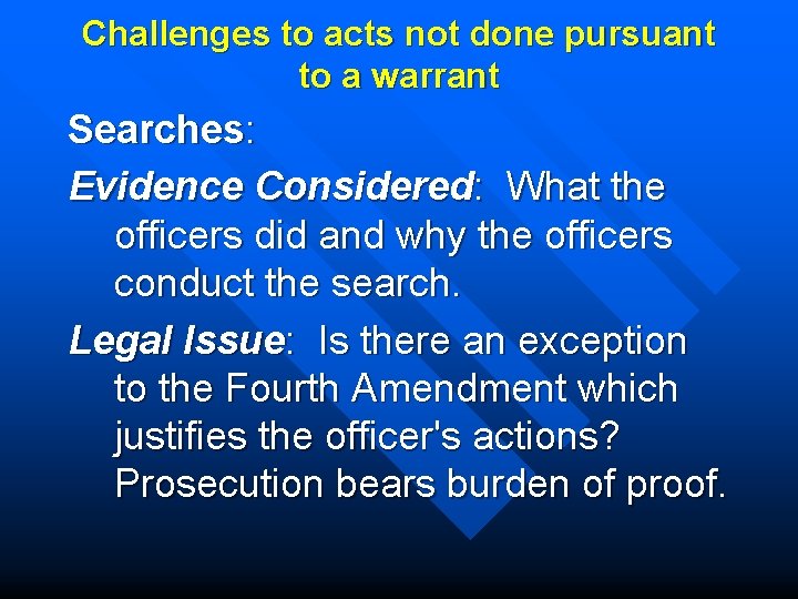 Challenges to acts not done pursuant to a warrant Searches: Evidence Considered: What the