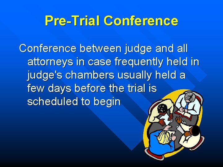 Pre-Trial Conference between judge and all attorneys in case frequently held in judge's chambers