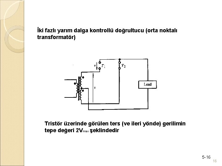 İki fazlı yarım dalga kontrollü doğrultucu (orta noktalı transformatör) Tristör üzerinde görülen ters (ve