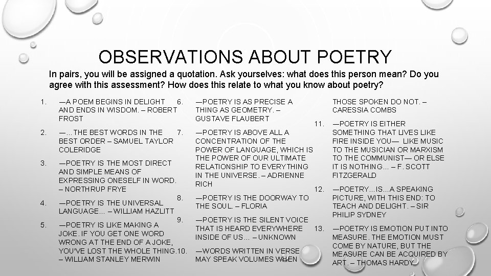 OBSERVATIONS ABOUT POETRY In pairs, you will be assigned a quotation. Ask yourselves: what