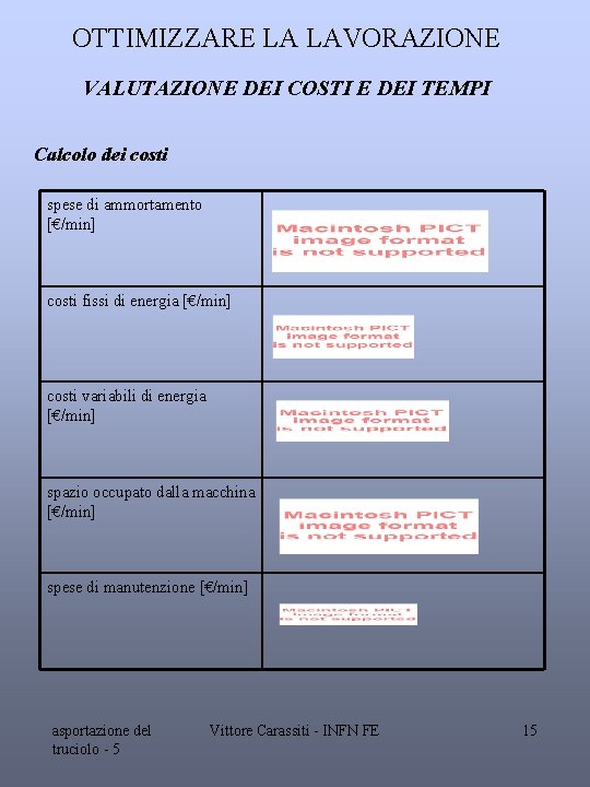 OTTIMIZZARE LA LAVORAZIONE VALUTAZIONE DEI COSTI E DEI TEMPI Calcolo dei costi spese di