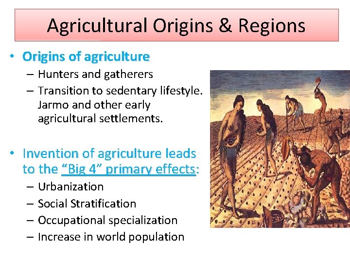 Agricultural Origins & Regions • Origins of agriculture – Hunters and gatherers – Transition