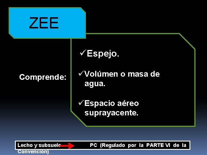 ZEE üEspejo. Comprende: üVolúmen o masa de agua. üEspacio aéreo suprayacente. Lecho y subsuelo