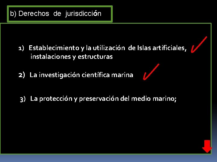b) Derechos de jurisdicción 1) Establecimiento y la utilización de Islas artificiales, instalaciones y