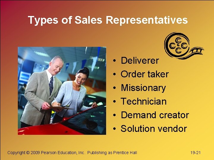 Types of Sales Representatives • • • Deliverer Order taker Missionary Technician Demand creator Types of Sales Representatives • • • Deliverer Order taker Missionary Technician Demand creator
