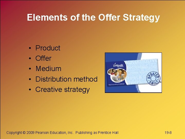 Elements of the Offer Strategy • • • Product Offer Medium Distribution method Creative Elements of the Offer Strategy • • • Product Offer Medium Distribution method Creative