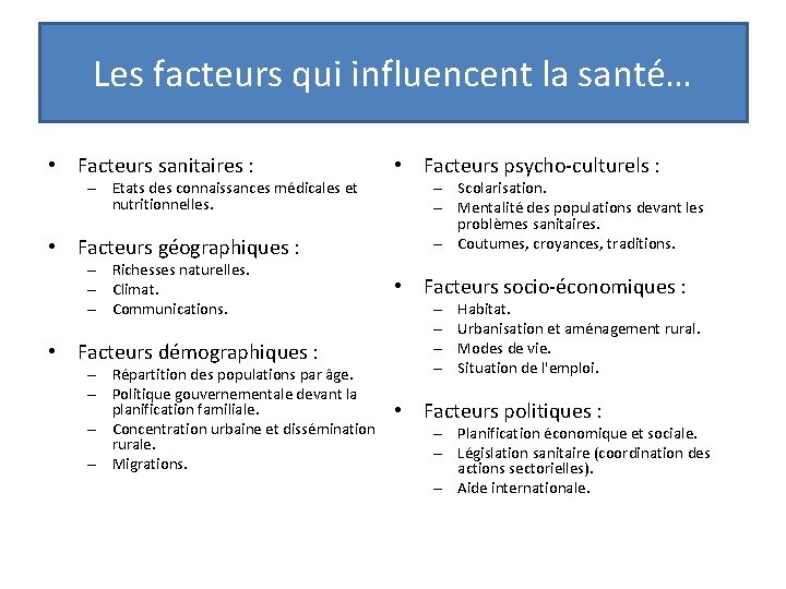 Les facteurs qui influencent la santé… • Facteurs sanitaires : – Etats des connaissances