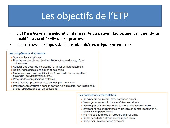 Les objectifs de l’ETP • • L’ETP participe à l’amélioration de la santé du