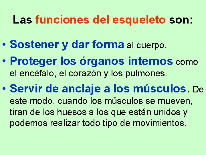 Las funciones del esqueleto son: • Sostener y dar forma al cuerpo. • Proteger