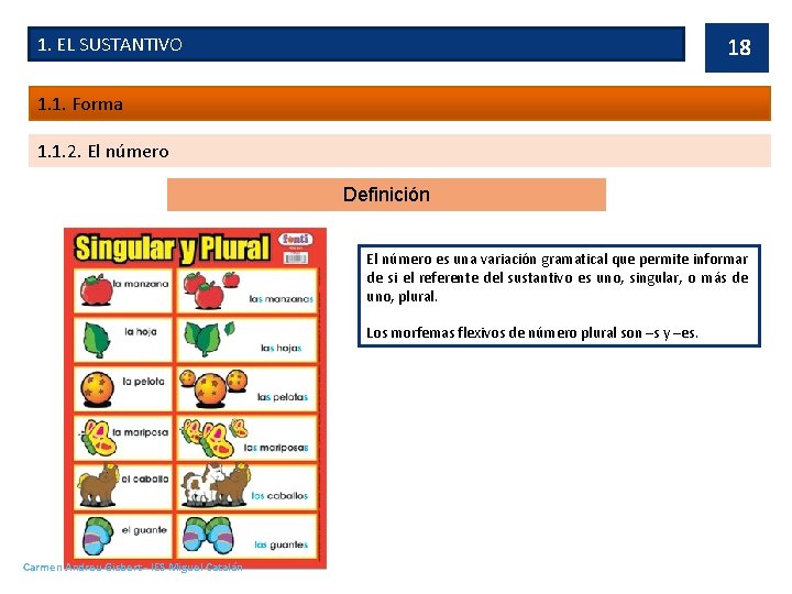 1. EL SUSTANTIVO 18 1. 1. Forma 1. 1. 2. El número Definición El