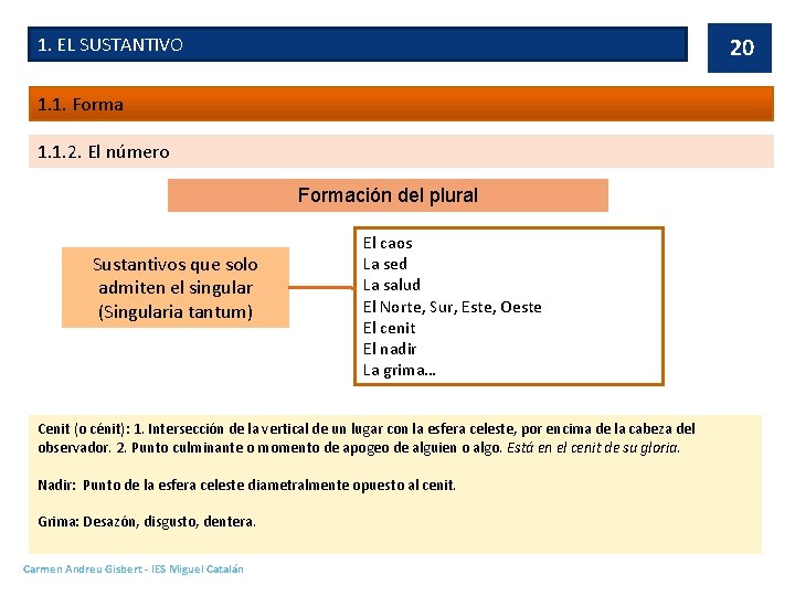 1. EL SUSTANTIVO 20 1. 1. Forma 1. 1. 2. El número Formación del