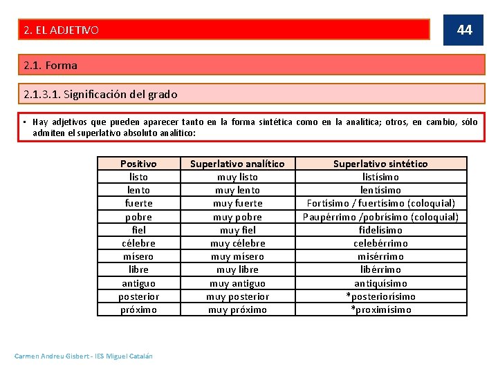 44 2. EL ADJETIVO 2. 1. Forma 2. 1. 3. 1. Significación del grado