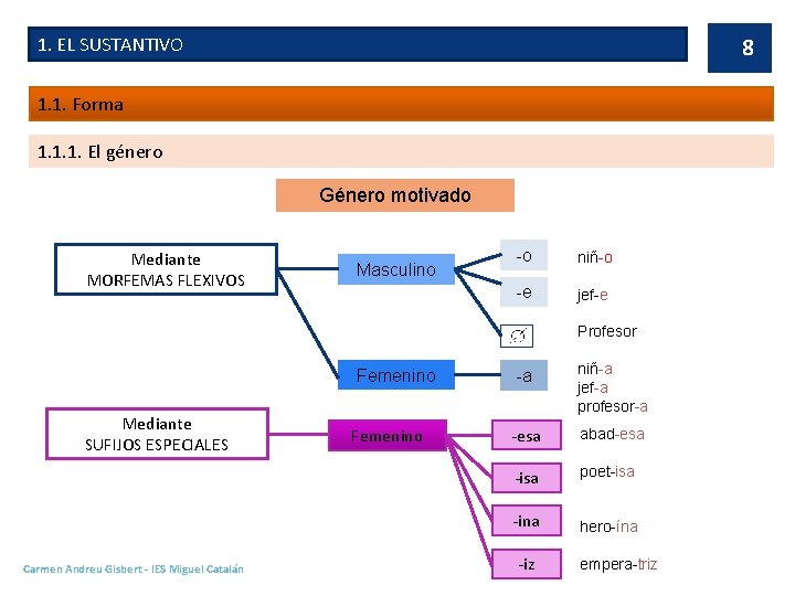 1. EL SUSTANTIVO 8 1. 1. Forma 1. 1. 1. El género Género motivado