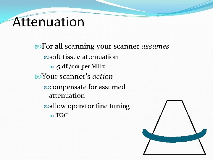 Attenuation For all scanning your scanner assumes soft tissue attenuation . 5 d. B/cm Attenuation For all scanning your scanner assumes soft tissue attenuation . 5 d. B/cm