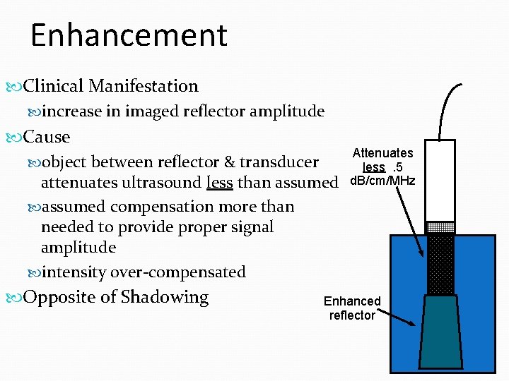 Enhancement Clinical Manifestation increase in imaged reflector amplitude Cause Attenuates object between reflector & Enhancement Clinical Manifestation increase in imaged reflector amplitude Cause Attenuates object between reflector &