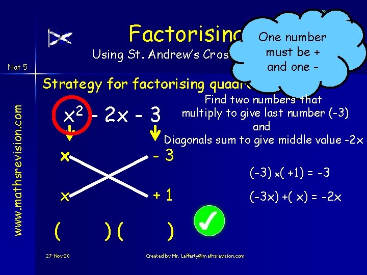 Factorising One number must be + Using St. Andrew’s Cross method and one - Factorising One number must be + Using St. Andrew’s Cross method and one -