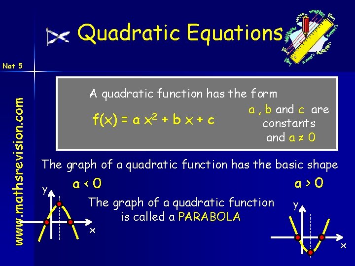 Quadratic Equations www. mathsrevision. com Nat 5 A quadratic function has the form a Quadratic Equations www. mathsrevision. com Nat 5 A quadratic function has the form a