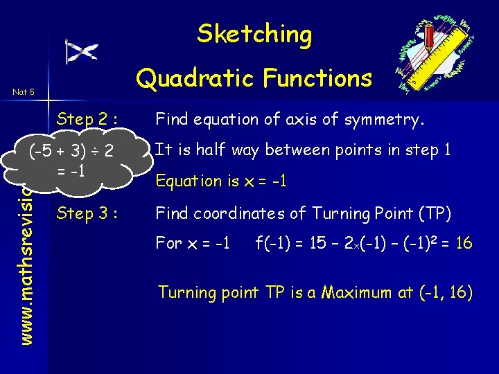 Sketching Quadratic Functions Nat 5 www. mathsrevision. com Step 2 : (-5 + 3) Sketching Quadratic Functions Nat 5 www. mathsrevision. com Step 2 : (-5 + 3)
