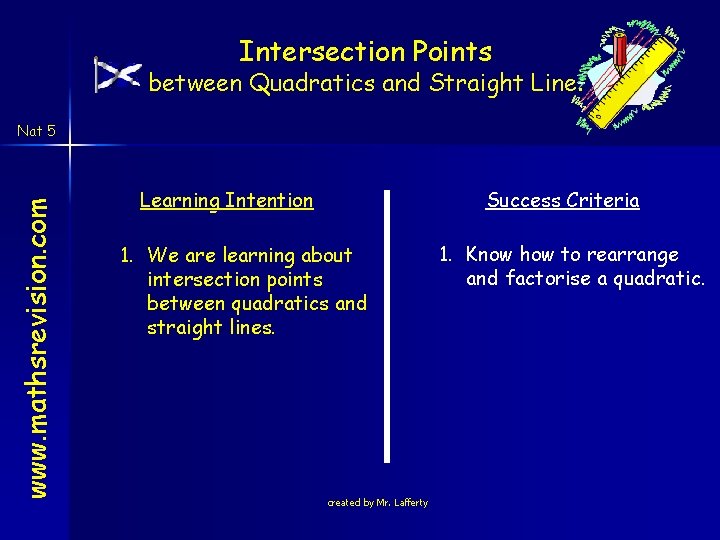 Intersection Points between Quadratics and Straight Line. www. mathsrevision. com Nat 5 Learning Intention Intersection Points between Quadratics and Straight Line. www. mathsrevision. com Nat 5 Learning Intention