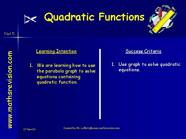 Quadratic Functions www. mathsrevision. com Nat 5 Learning Intention 1. We are learning how Quadratic Functions www. mathsrevision. com Nat 5 Learning Intention 1. We are learning how