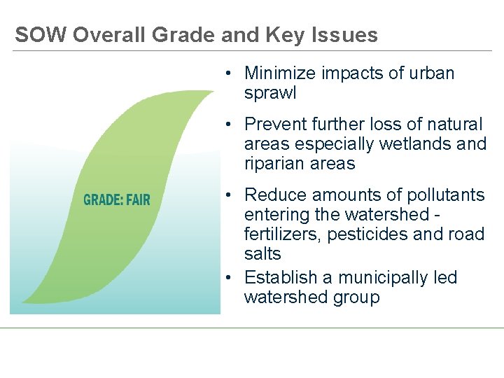SOW Overall Grade and Key Issues • Minimize impacts of urban sprawl • Prevent