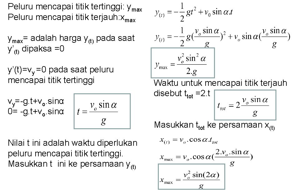 Peluru mencapai titik tertinggi: ymax Peluru mencapai titik terjauh: xmax ymax= adalah harga y(t)