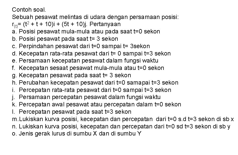 Contoh soal. Sebuah pesawat melintas di udara dengan persamaan posisi: r(t)= (t 2 +