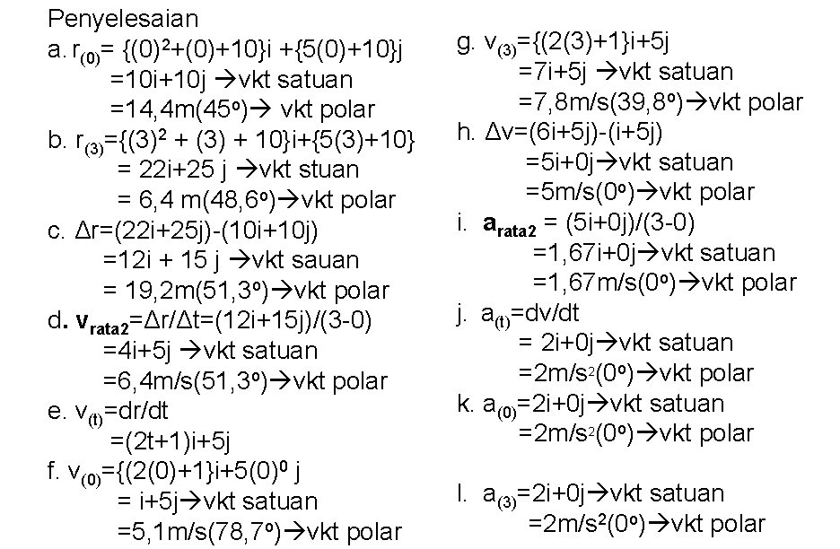 Penyelesaian a. r(0)= {(0)2+(0)+10}i +{5(0)+10}j =10 i+10 j vkt satuan =14, 4 m(45 o)