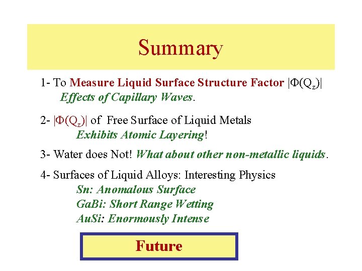 Summary 1 - To Measure Liquid Surface Structure Factor |F(Qz)| Effects of Capillary Waves. Summary 1 - To Measure Liquid Surface Structure Factor |F(Qz)| Effects of Capillary Waves.