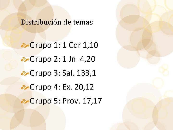 Distribución de temas Grupo 1: 1 Cor 1, 10 Grupo 2: 1 Jn. 4,