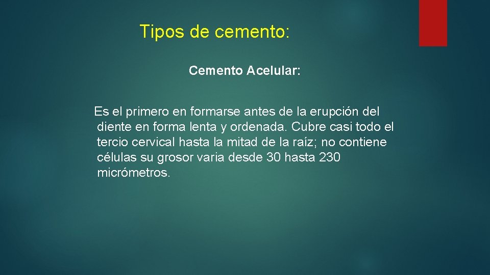 Tipos de cemento: Cemento Acelular: Es el primero en formarse antes de la erupción