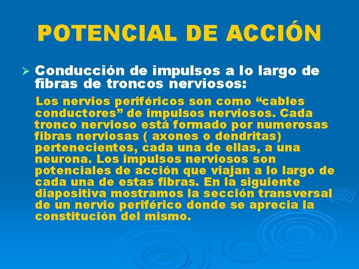 POTENCIAL DE ACCIÓN Ø Conducción de impulsos a lo largo de fibras de troncos