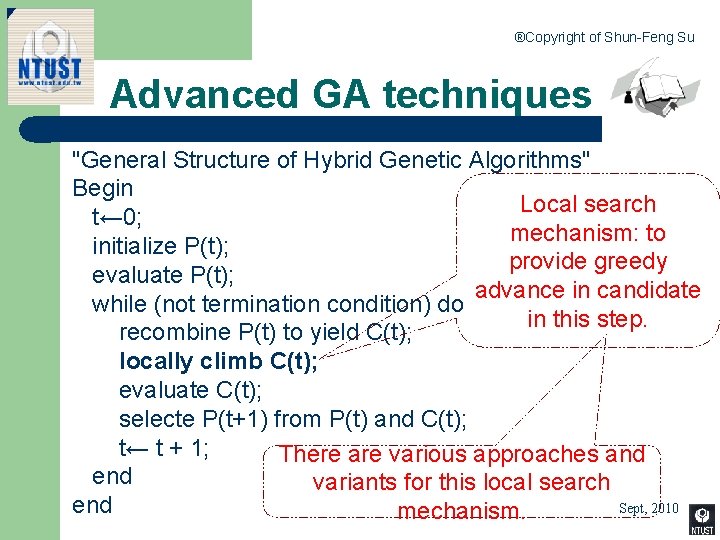 ®Copyright of Shun-Feng Su Advanced GA techniques "General Structure of Hybrid Genetic Algorithms" Begin