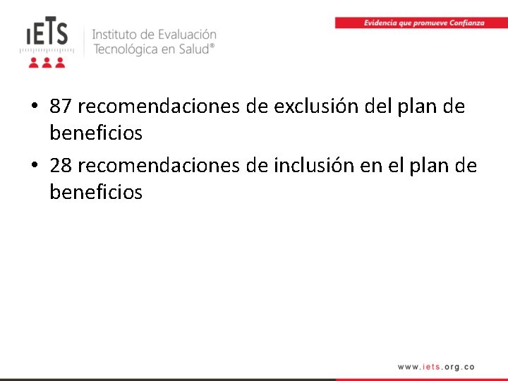  • 87 recomendaciones de exclusión del plan de beneficios • 28 recomendaciones de