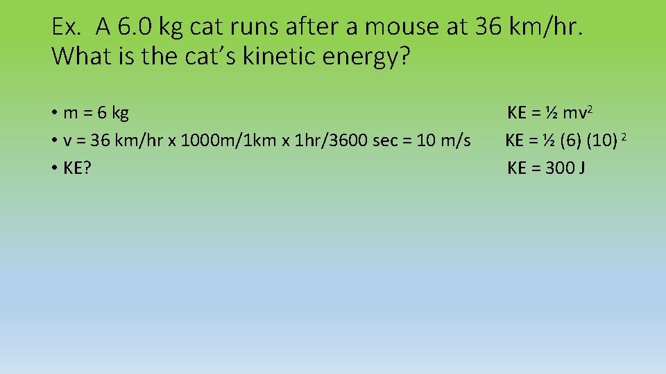 Ex. A 6. 0 kg cat runs after a mouse at 36 km/hr. What