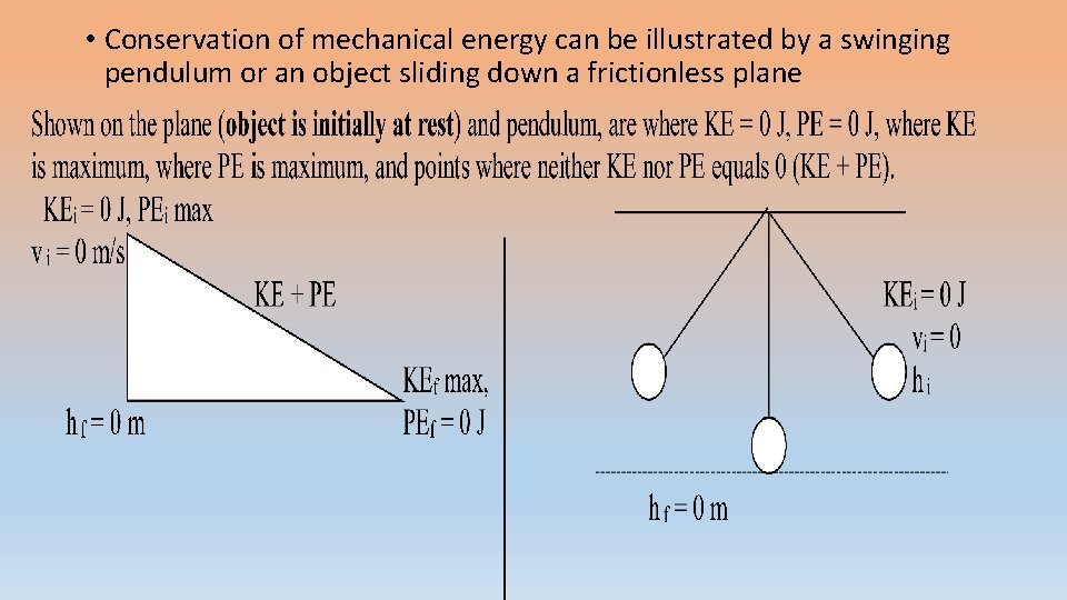  • Conservation of mechanical energy can be illustrated by a swinging pendulum or