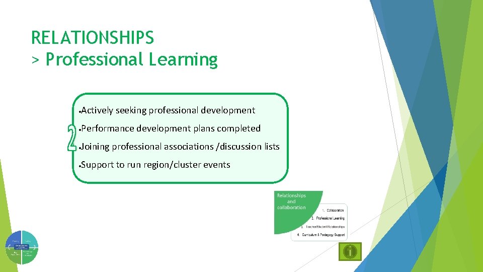 RELATIONSHIPS > Professional Learning · Actively seeking professional development · Performance development plans completed