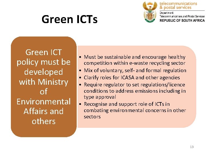 Green ICTs Green ICT policy must be developed with Ministry of Environmental Affairs and